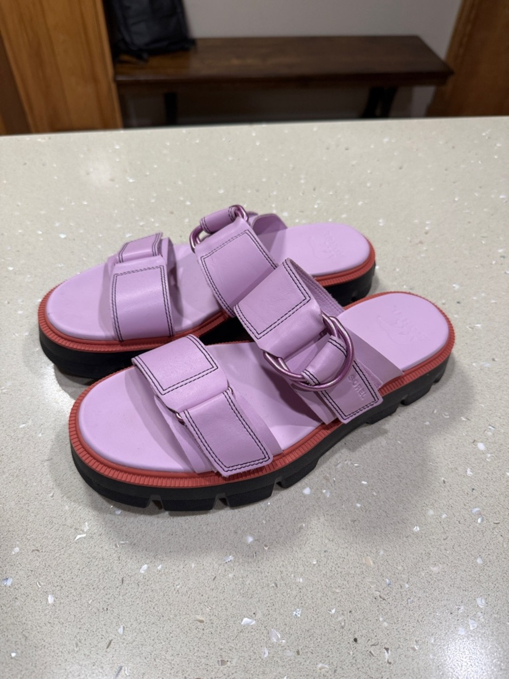 Sorel Lilac Double-Strap Sandals with Black Lug Sole and Coral Trim